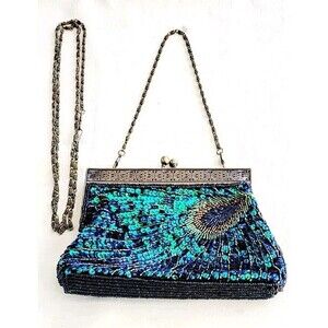 Vintage Women Evening Clutch Bag Handmade Beaded Peacock Wedding Party Handbag